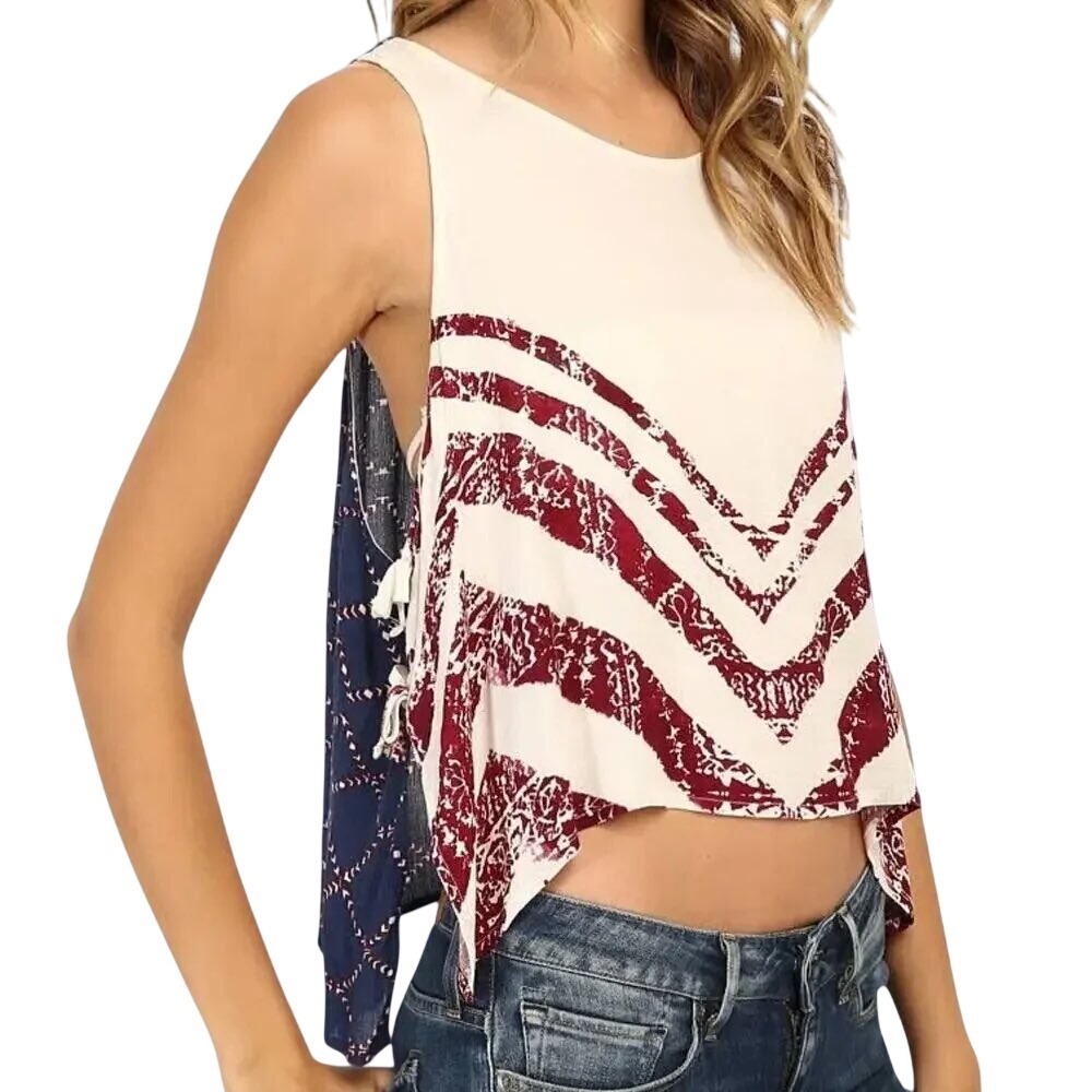 Free People Mixed Print Side Tie Crop Top XS Burgundy Navy Chevron Geometric‎